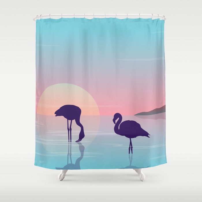 two flamingos standing in the water at sunset shower curtain by duckyboom