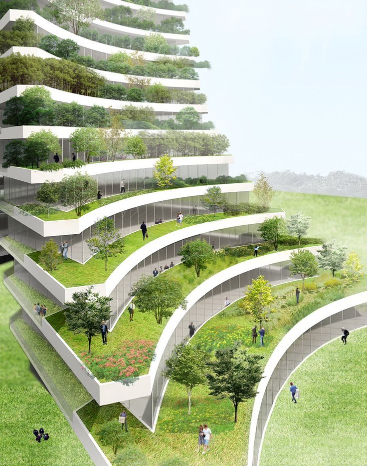 an architectural rendering of a building with trees and people walking on the grass in front of it