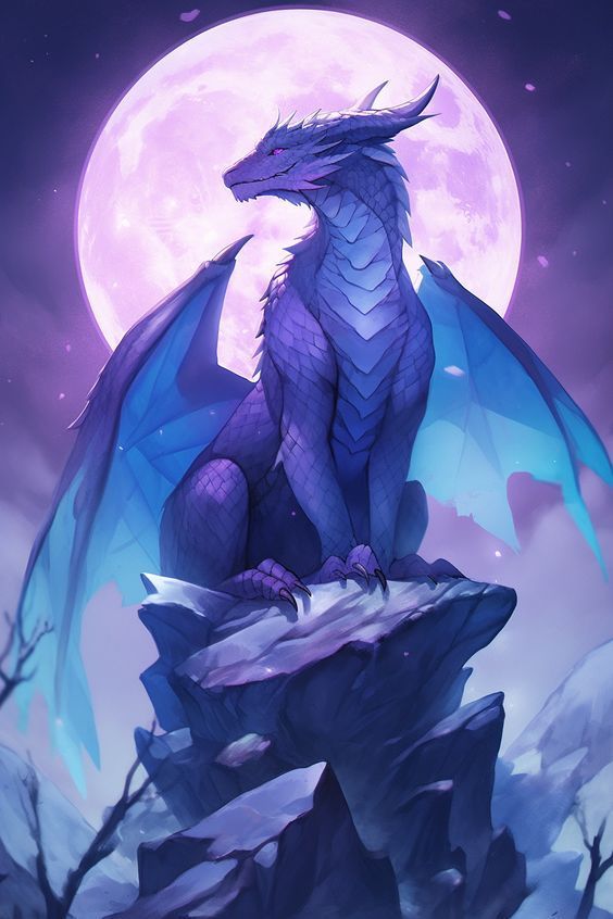 a blue dragon sitting on top of a rock in front of a large full moon