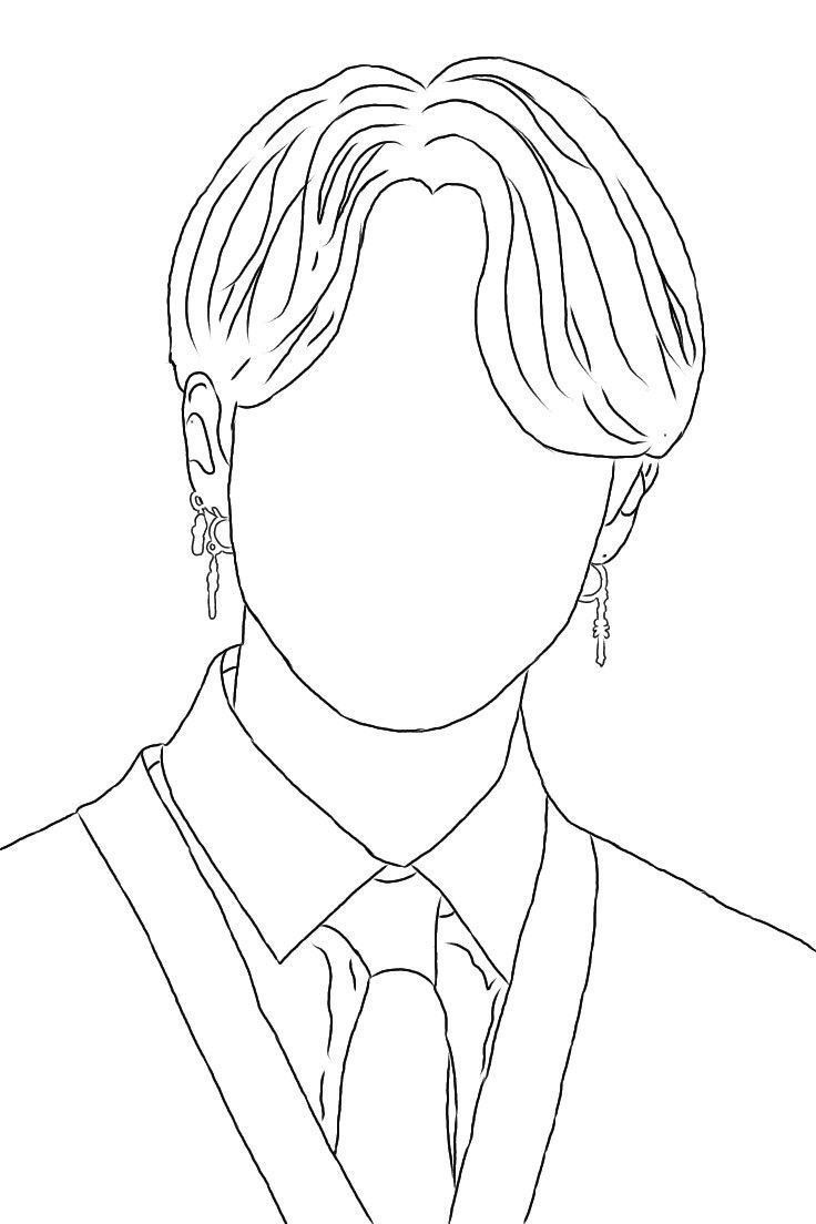 a black and white line drawing of a man wearing a suit, tie and earrings