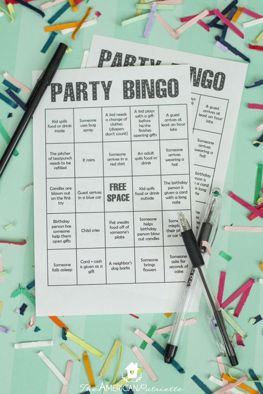 a party bingo game surrounded by confetti and streamers on a mint green background