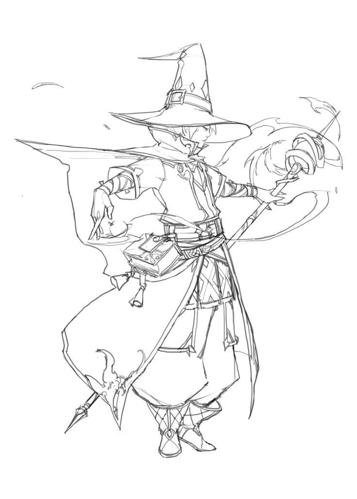 a black and white drawing of a wizard