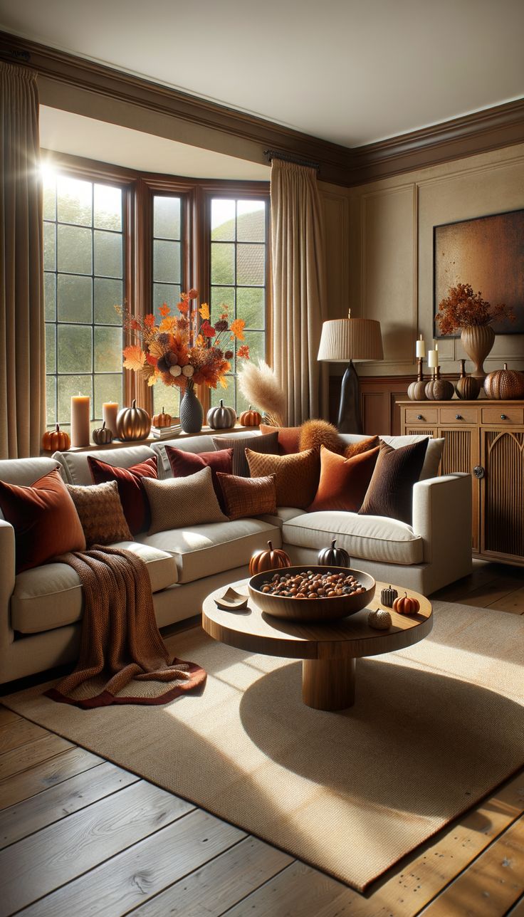 "A cozy living room with a warm, autumnal theme. Beige sectional sofa adorned with throw pillows. A blanket drapes over the sofa. Coffee table decorated with fall accents. Console table behind sofa displays decor. Light streams in through window, enhancing the room’s ambiance." Window Behind Sofa, Rust Sofa Living Room Ideas, Console Table Behind Sofa, Sectional Sofa Beige, Table Behind Couch, Behind Couch, Fall Living Room, Stylish Living Room, Living Room Accents