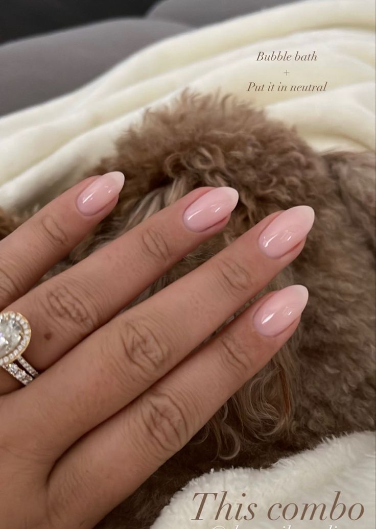 Light pink neutral almond shape nails Neutral Almond Nails Classy Short, Short Nail Inspo Neutral, Bubble Bath Acrylic Nails Almond, Bubble Bath Short Acrylic Nails, Engagement Nails Light Pink, Clean Oval Nails, Neutral Nails Cute, Neutral Nails For Prom, Sns Neutral Nails