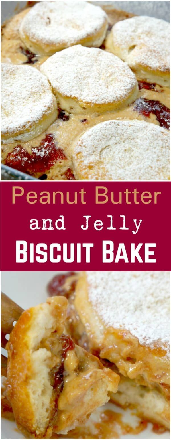 a close up of a plate of desserts with the words peanut butter and jelly biscuit bake