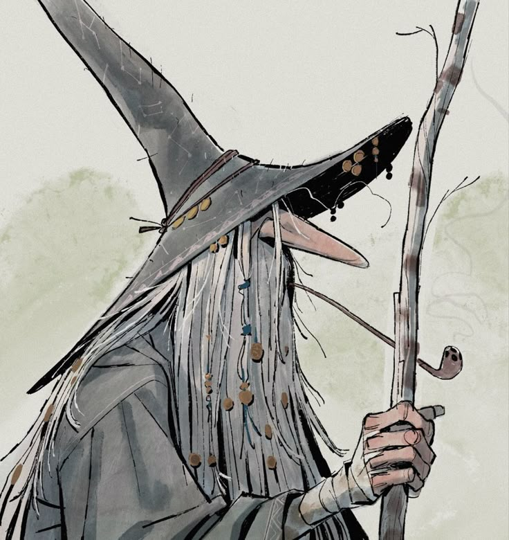 a drawing of a wizard holding a stick and wearing a hat with feathers on it