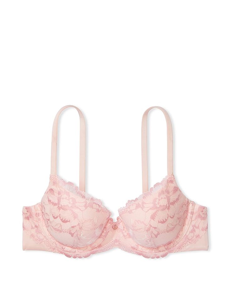 Your favorite bras for everyday and always. Soft padding lays up to 20% flatter at the bust for your most natural look and feel. Detailed with our vintage-inspired lace, this demi delivers just the right amount of coverage and support.Lift & Lining Lightly lined Underwire New Infinity Edge necklineStraps & Hooks Fully adjustable straps Back hook-and-eye closuresDetails & Fabric Supersoft, double-lined sides for the smoothest shape Bow and charm details at front Partially made from recycled materials Hand wash Imported Victorias Secret Set, Lacy Bra, Pink Lace Bra, Pretty Bras, Comfy Bra, Vs Bras, Cute Bras, Bra Brands, Cute Lingerie