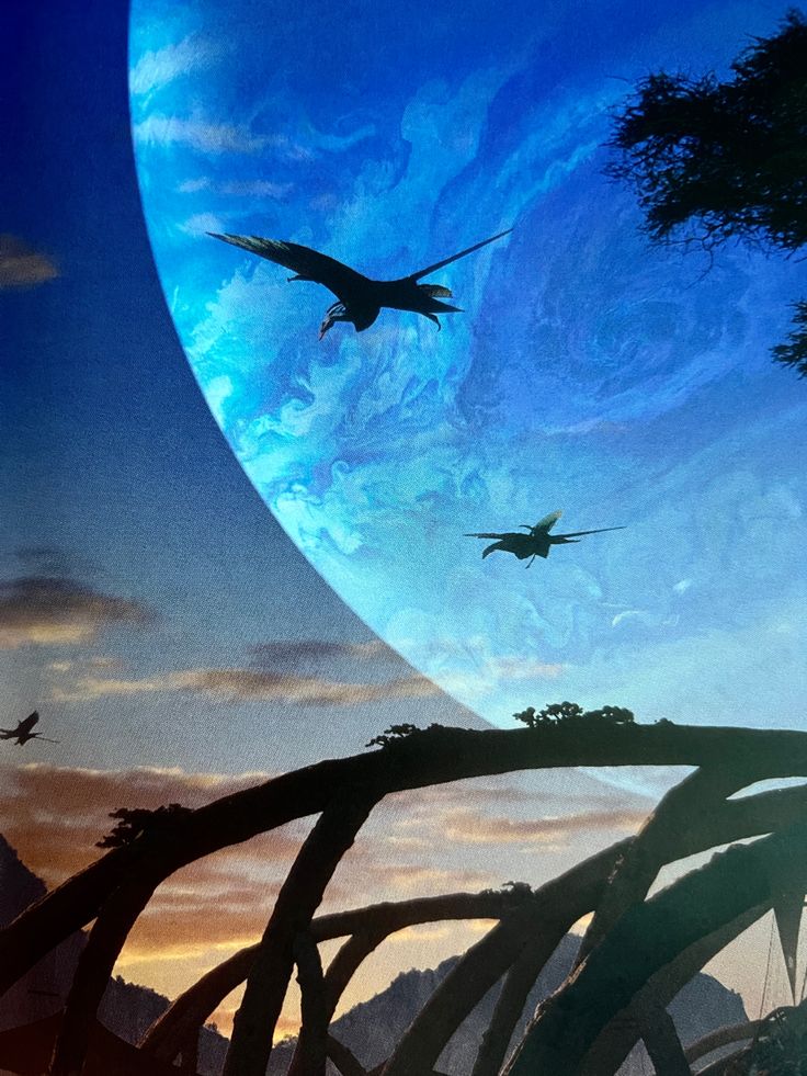 two dinosaurs are flying in front of an alien planet