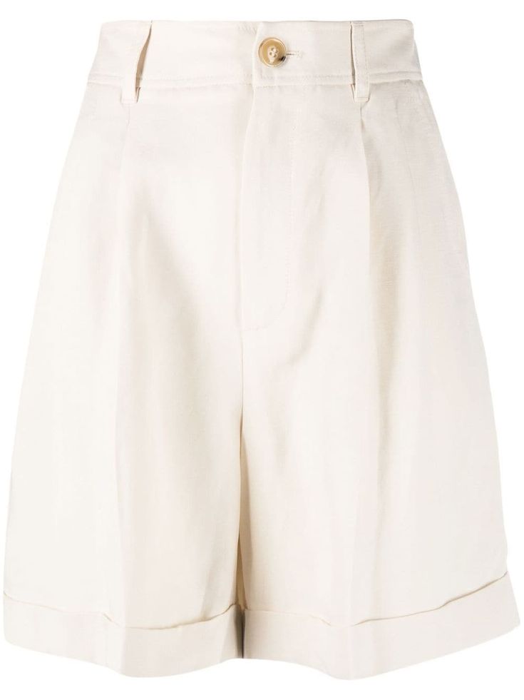 cream white linen blend tailored cut belt loops turn-up hem wide leg front button and zip fastening two side inset pockets White Short Pants, Shorts Linen, Tailored Shorts, Mini Shorts, Short Outfits, White Linen, Cream White, Size Clothing, White Shorts