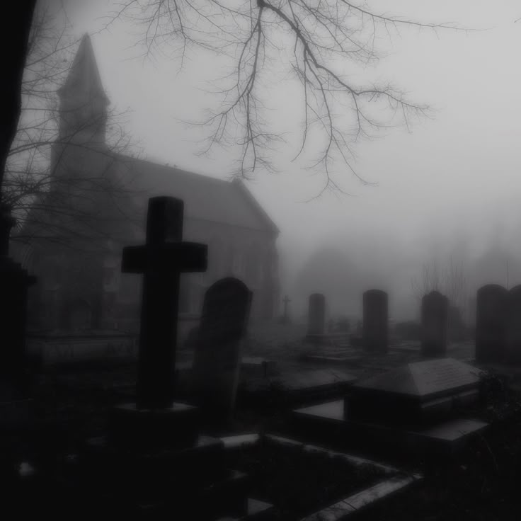 a cemetery with tombstones and trees in the fog