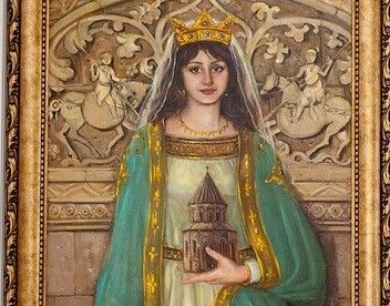 a painting of a woman dressed in green and gold, holding a small doll with a golden crown on her head