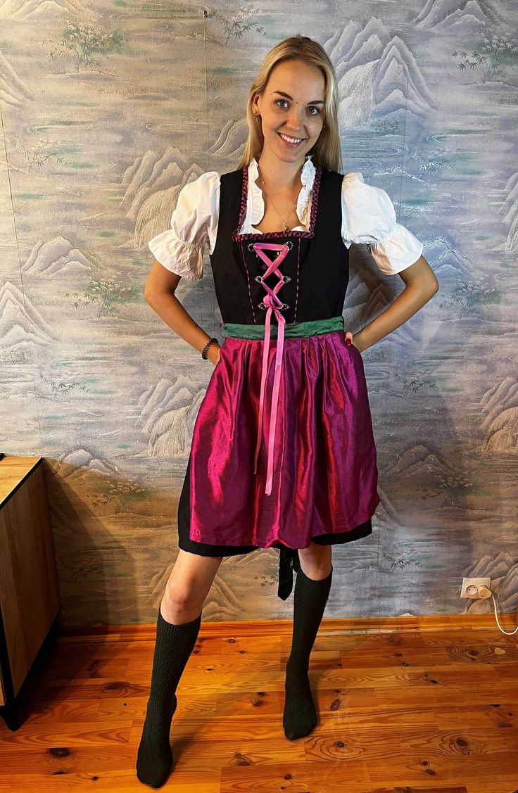 "Dark Dirndl Dress with Blouse and Two Apron Bavarian Oktoberfest Dress Austrian National Folk Dress Tirol Gown Medium to Large Size Included *Two Apron  *Blouse Dress Label Size: 40 Estimated size: M/L Dress Measurements : Pit to pit: 20,5\" / 52 cm Waist: 18\"/ 46 cm Length: 38 \" / 97 cm Apron Measurements : Length - 22\" / 56 cm Blouse Label Size: 40 Estimated size: M Measurements: (lying flat) Length: 11\" / 28 cm Pit to pit: 19,5\" / 49 cm Waist: 12\" / 31 cm (elastic) Sholders: 15,5\" / 4 Dress With Blouse, Apron Measurements, Pink Plaid Dress, Oktoberfest Dress, German Dress, Folk Dress, Dress Label, Dirndl Dress, Folk Dresses