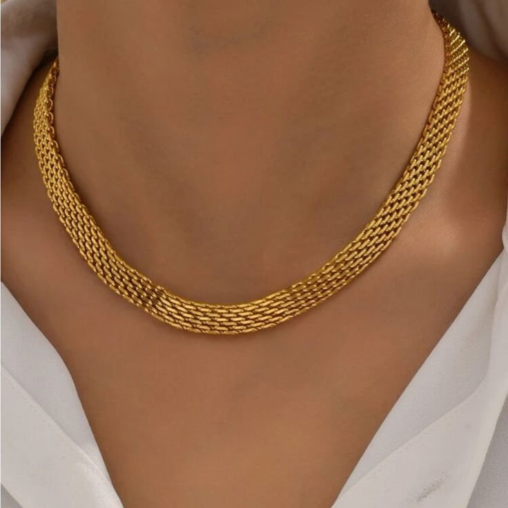 New Gold Plated Stainless Steel Mesh Chain Necklace Lobster Clasp Closure With Extender Approx 16-18” Gold Thick Necklace, Flat Gold Necklace, Aurora Costume, Trendy Closet, Paris Flat, Money Jewelry, Thick Necklace, Vintage Vacation, Icy Girl