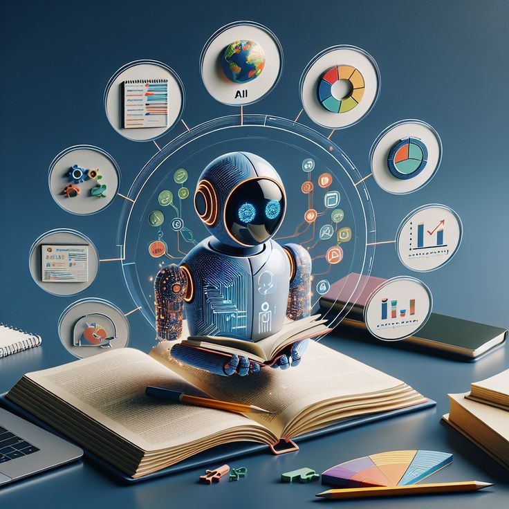 a robot sitting on top of an open book in front of a laptop and various icons