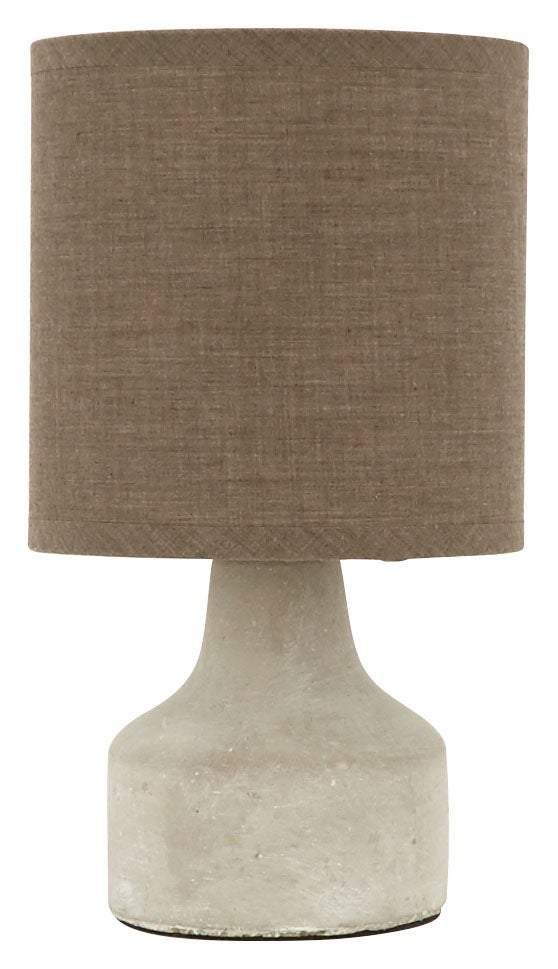 a white table lamp with a brown shade on the base and a beige linen lampshade