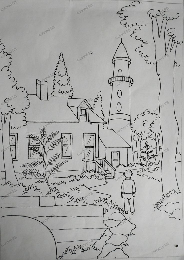 a drawing of a man standing in front of a house with a lighthouse on it