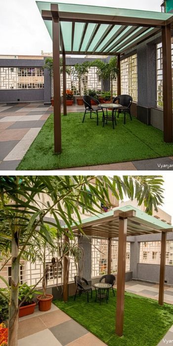 two pictures of an outdoor patio with grass