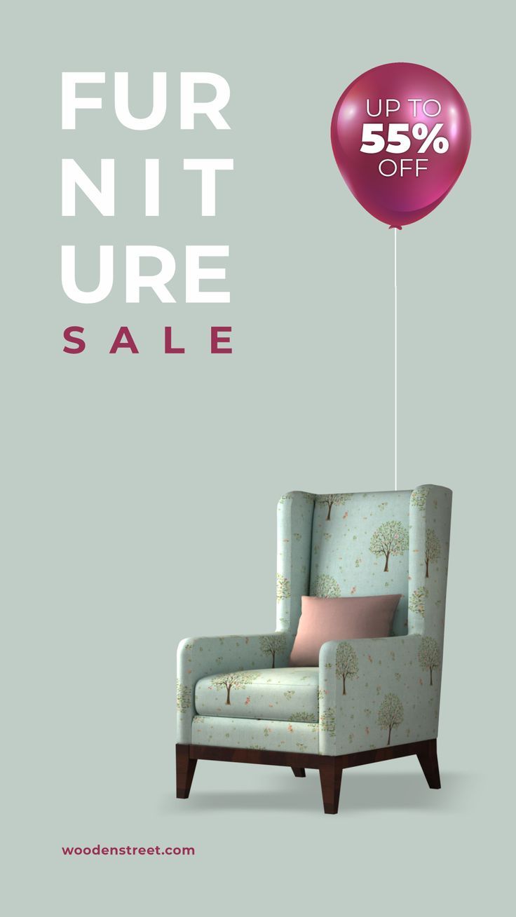 a chair with a pink balloon attached to it and the words fur niture sale up to 55 % off