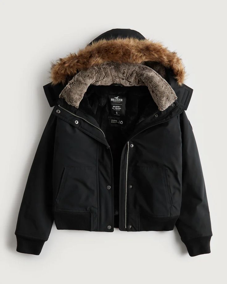 Women's All-Weather Bomber | Women's Jackets & Coats | HollisterCo.com Puffer Jacket Fur Hood, Hollister Jackets, Fur Hood Coat, Puffer Jacket Women, Women's Jackets, All Black Outfit, Brown Jacket, Fur Hood, Line Jackets