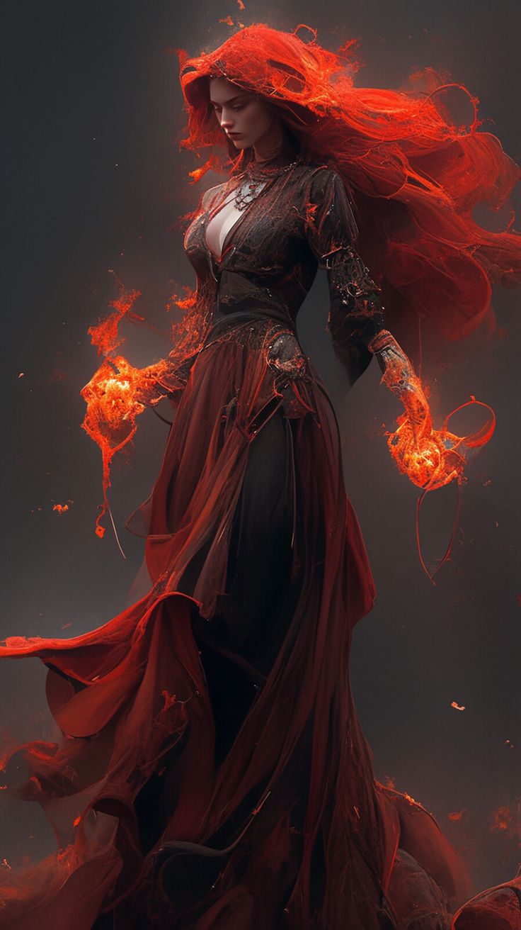 a woman with red hair is dressed in an orange dress and holding two fire balls