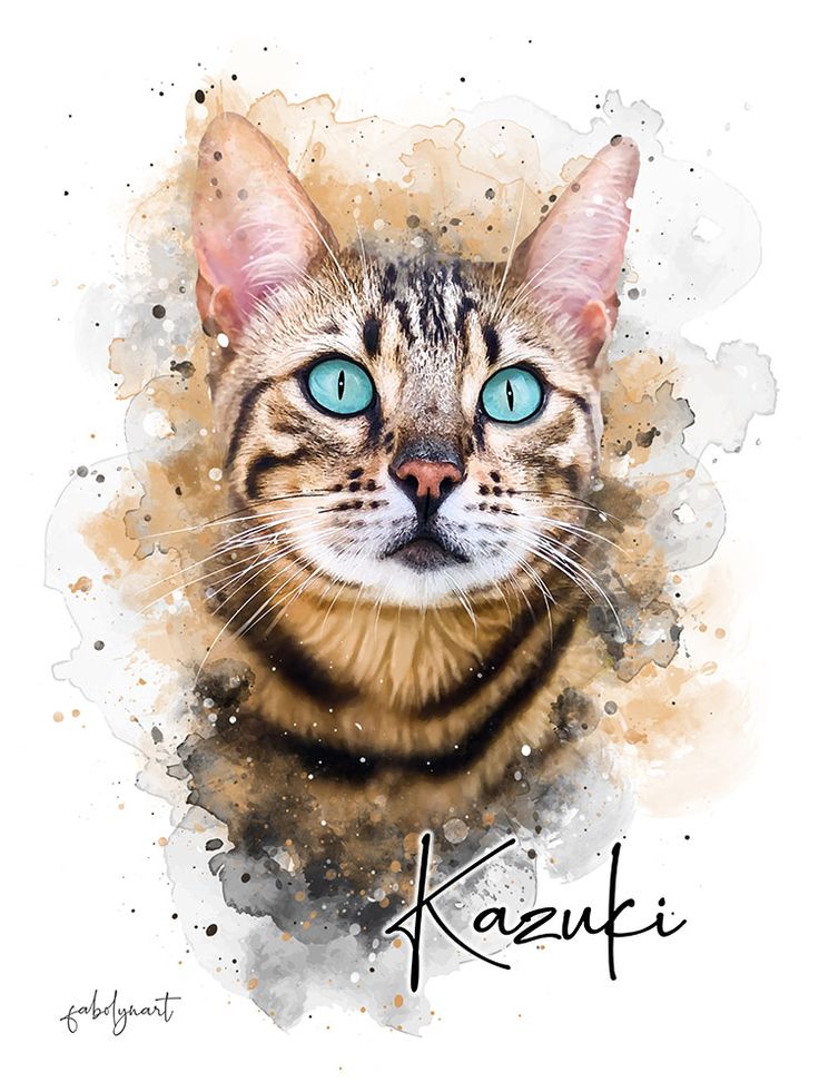 a painting of a cat with blue eyes and the words kazubi on it