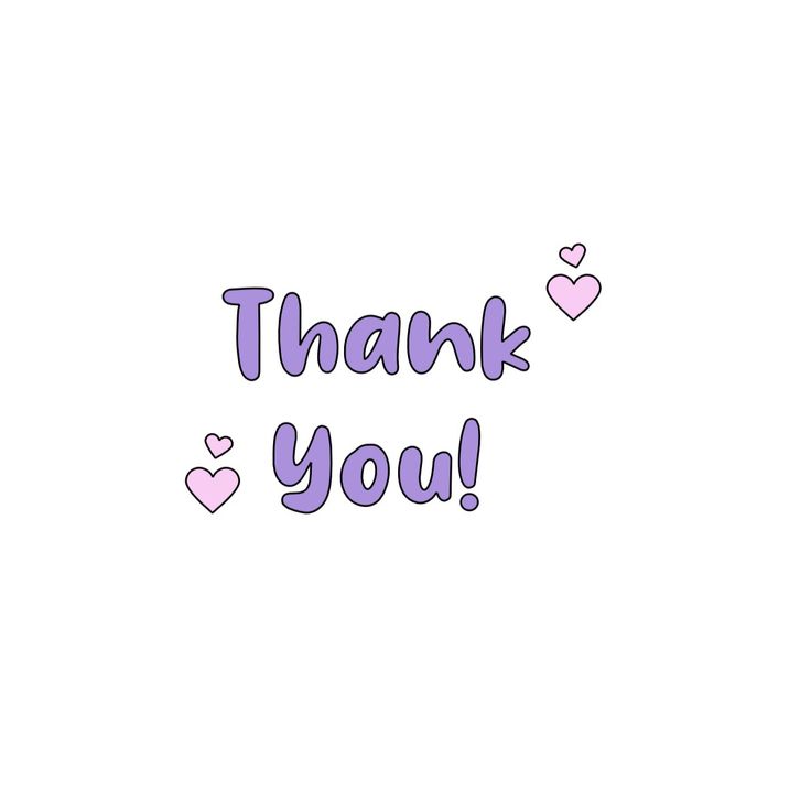 the words thank you are written in purple and pink colors on a white background with hearts