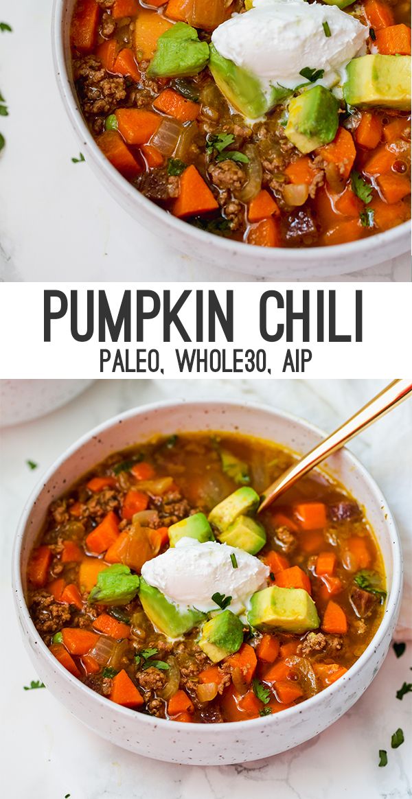 two bowls of pumpkin chili with avocado and sour cream in the top one