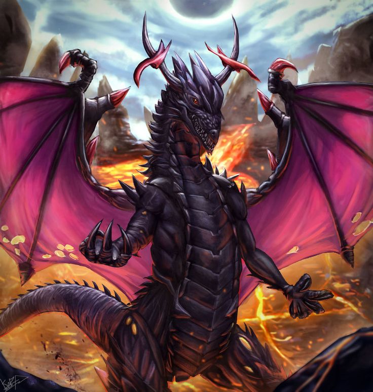 a black dragon with red horns and wings standing in front of a fire filled sky