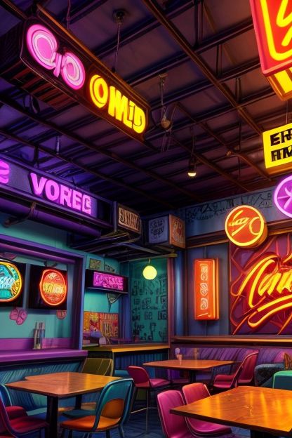 the interior of a restaurant with neon signs on the walls and tables in front of them