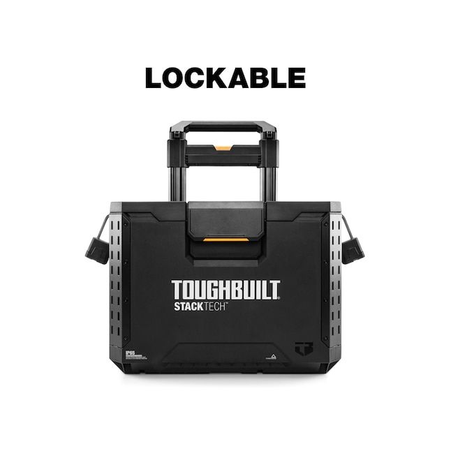 a toolbox with the words, lockable and toughbuilt stacked on it