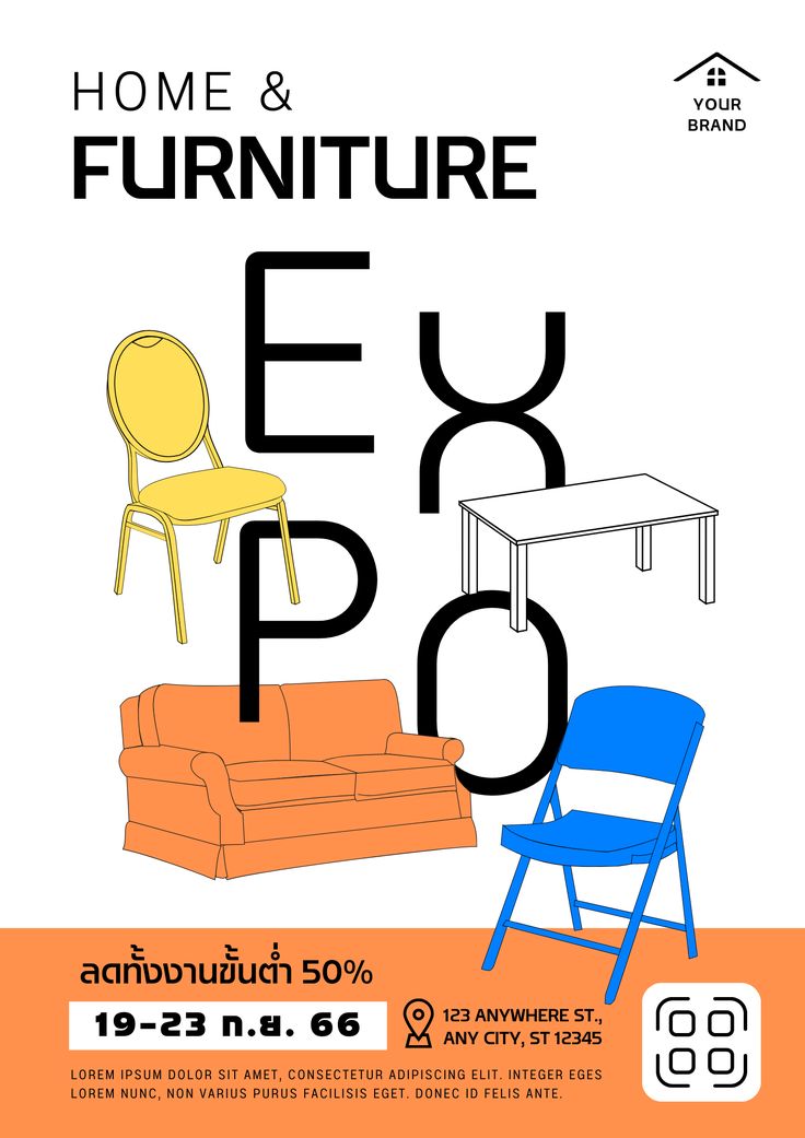 an advertisement for furniture expo with chairs and tables in orange, blue, and yellow