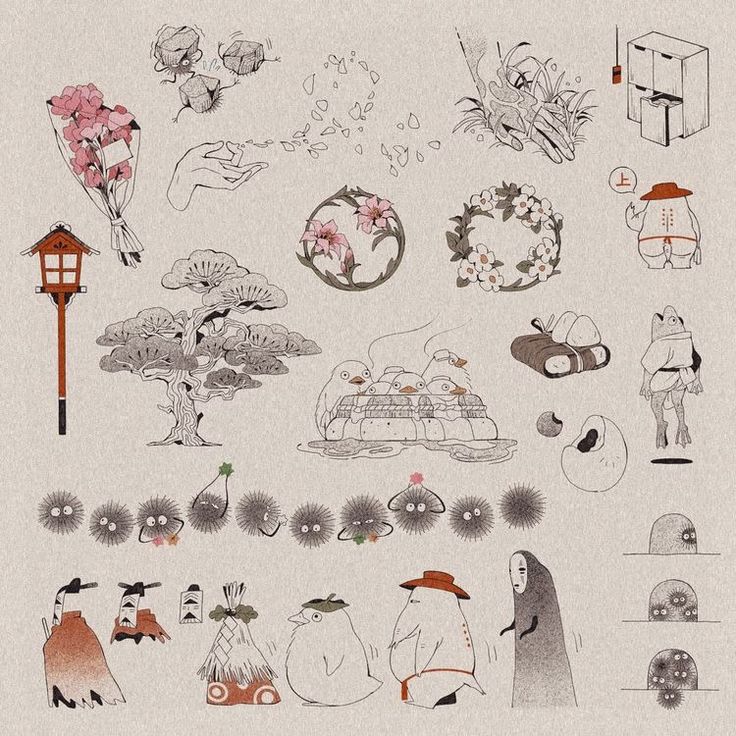 an assortment of japanese artwork on white paper