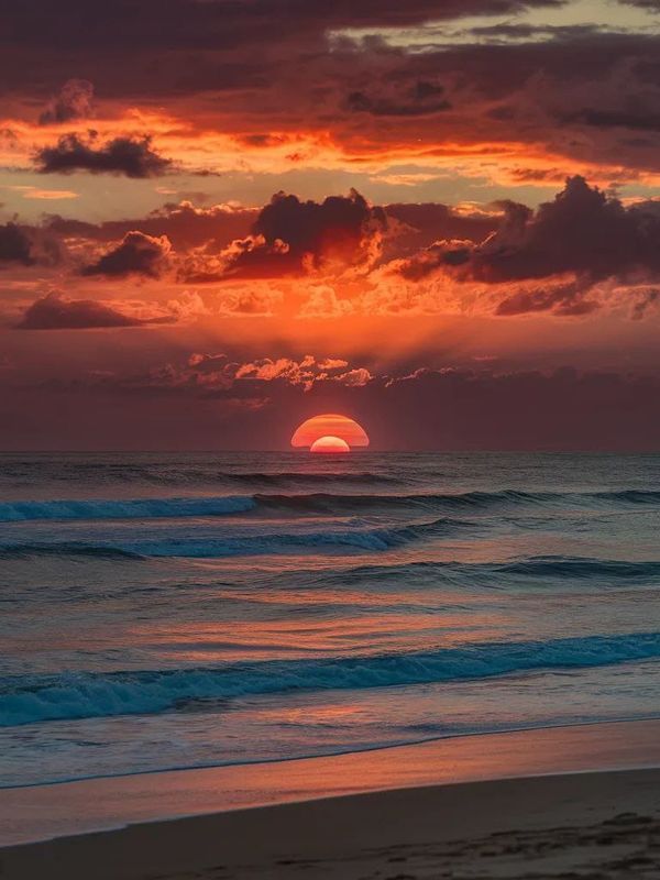 the sun is setting over the ocean with clouds in the sky and waves on the beach