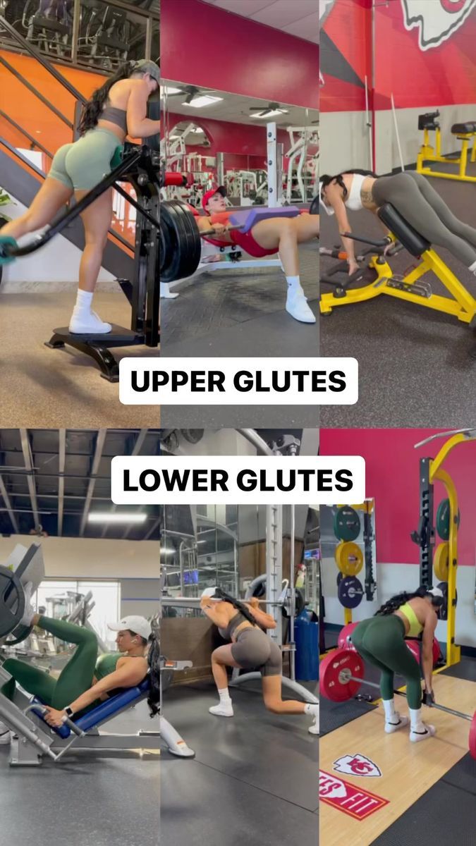 four different pictures of people doing exercises in the gym, with text that reads upper glutes lower glutes