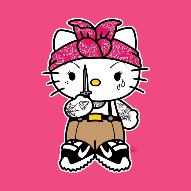 the hello kitty character is holding a pair of scissors in her hand and wearing a pink bandana