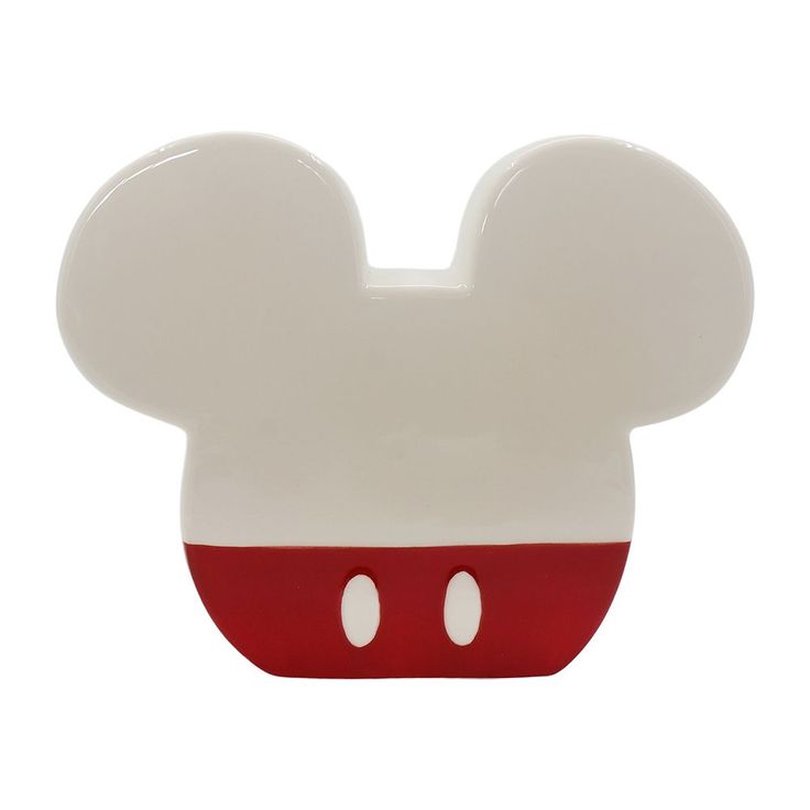 a close up of a mickey mouse shaped object on a white background with red accents