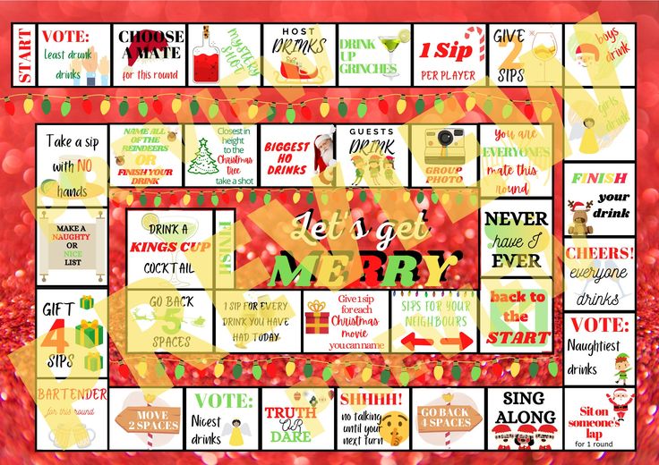 a board game with lots of different words and phrases on the front, along with an orange background that says let's get merry