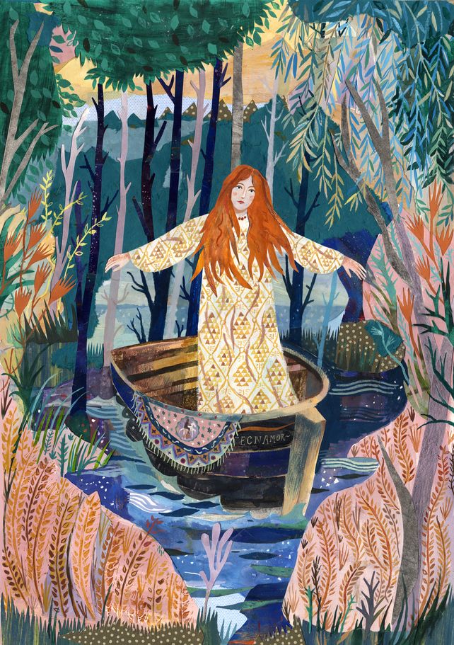 a painting of a woman in a boat on the water surrounded by trees and plants