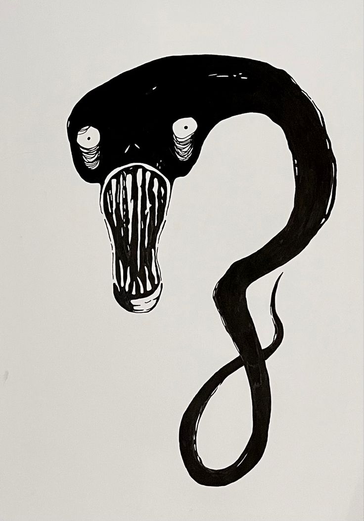 a black and white drawing of a snake with its mouth open