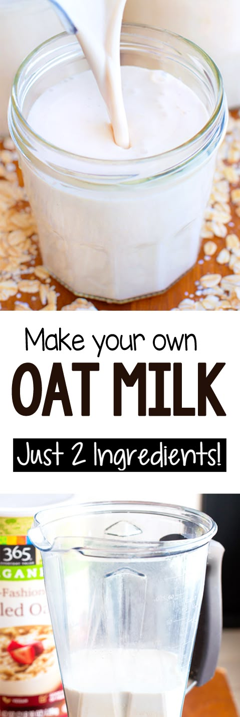 milk being poured into a bowl with the words make your own oat milk just 2 ingredients