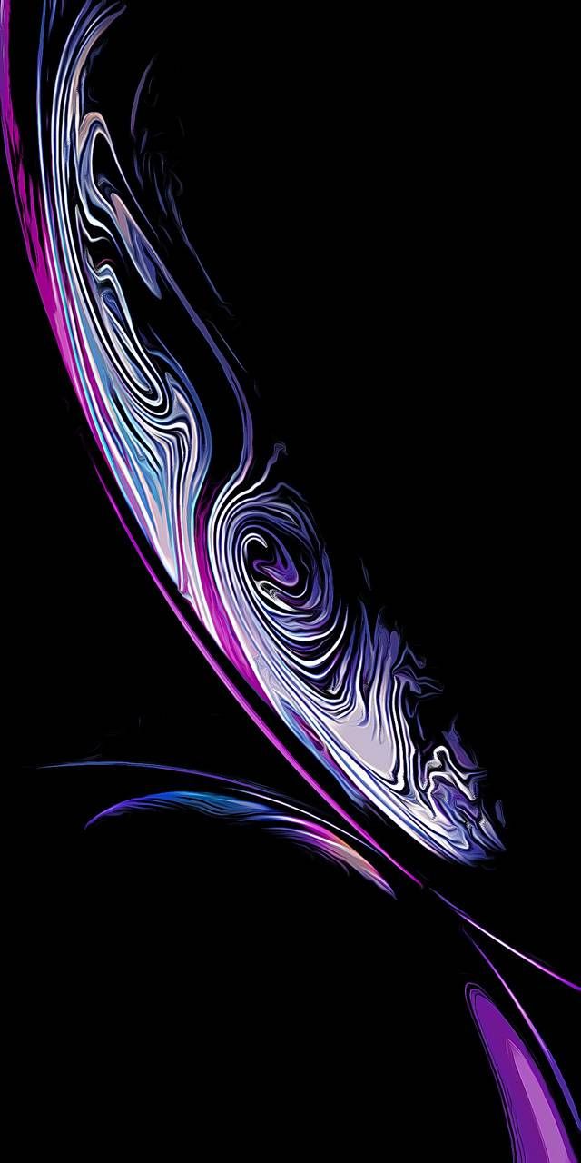 the back side of an iphone with purple swirls on it, against a black background