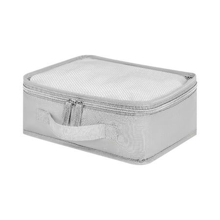 an empty silver suitcase on a white background