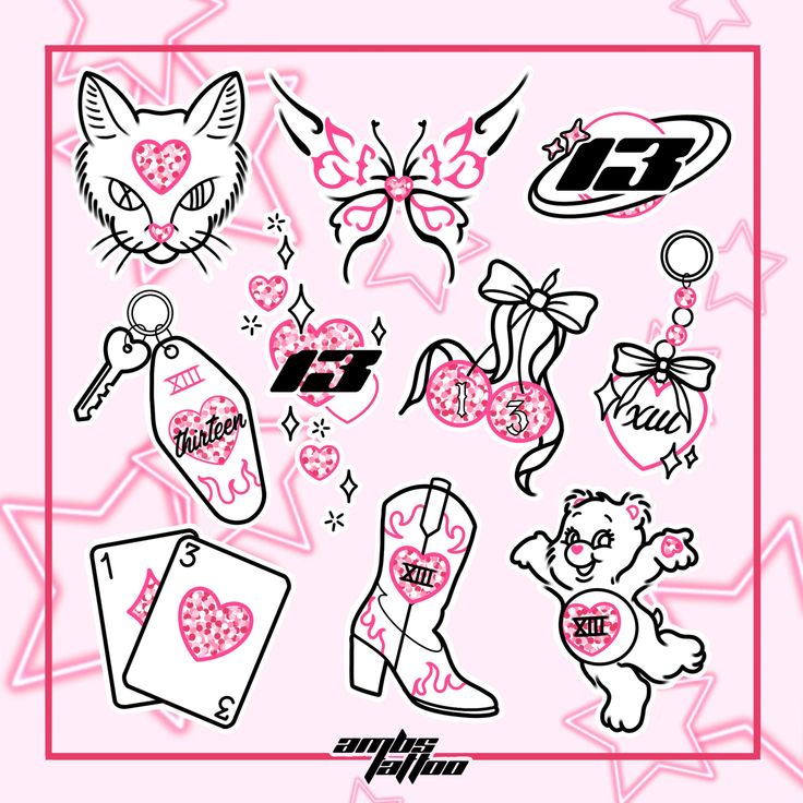 an image of some stickers that are on a pink background with stars and hearts