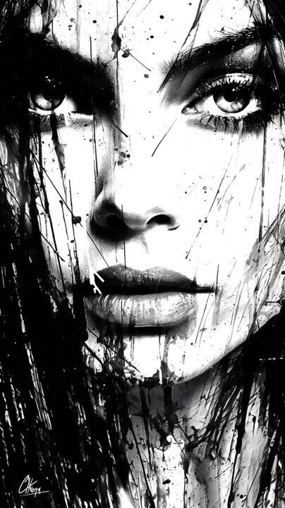 a black and white photo of a woman's face with paint splatters on it