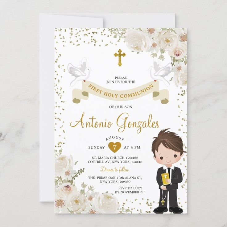 First Holy Communion Invitation Cards, Holy Communion Ideas, Holy Communion Invitation Cards, Boys First Communion, Holy Communion Invitations, First Communion Invitations, Flower Boy, Glitter Invitations, Communion Invitations