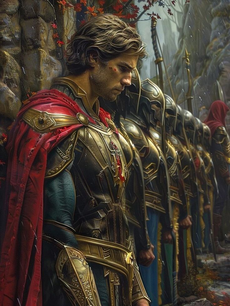 a man in armor standing next to other men