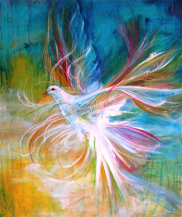 a painting of a bird flying through the air with colorful feathers on it's wings