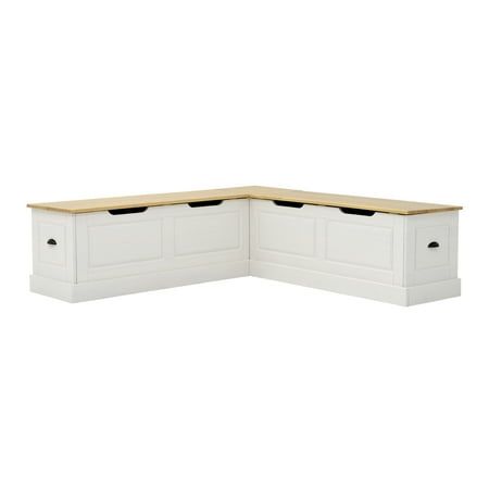 a white corner bench with two drawers on the top and one drawer open to reveal an area for storage