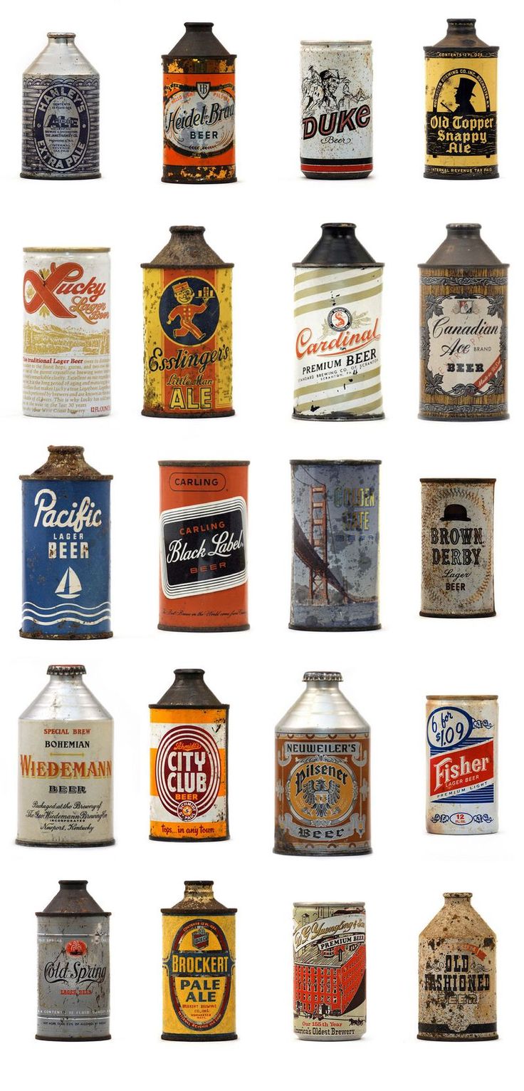 many different types of beer canisters are shown in this image with the same color