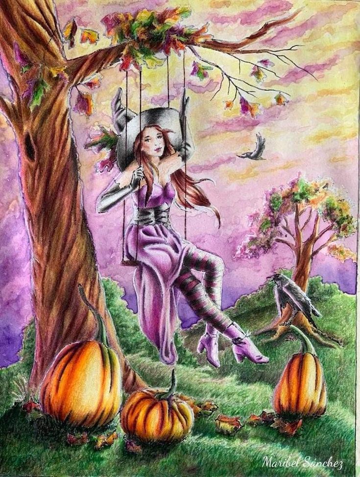 a drawing of a woman sitting on a swing next to pumpkins